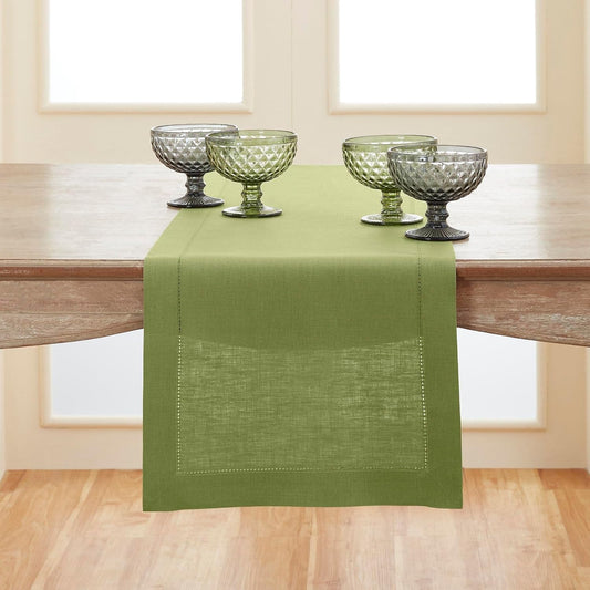 Solino Home Linen Moss Green Table Runner 156 Inches Long - 100% Pure Linen Extra Long Table Runner 14 x 156 Inch for Fall, Autumn, Thanksgiving - Classic Hemstitch