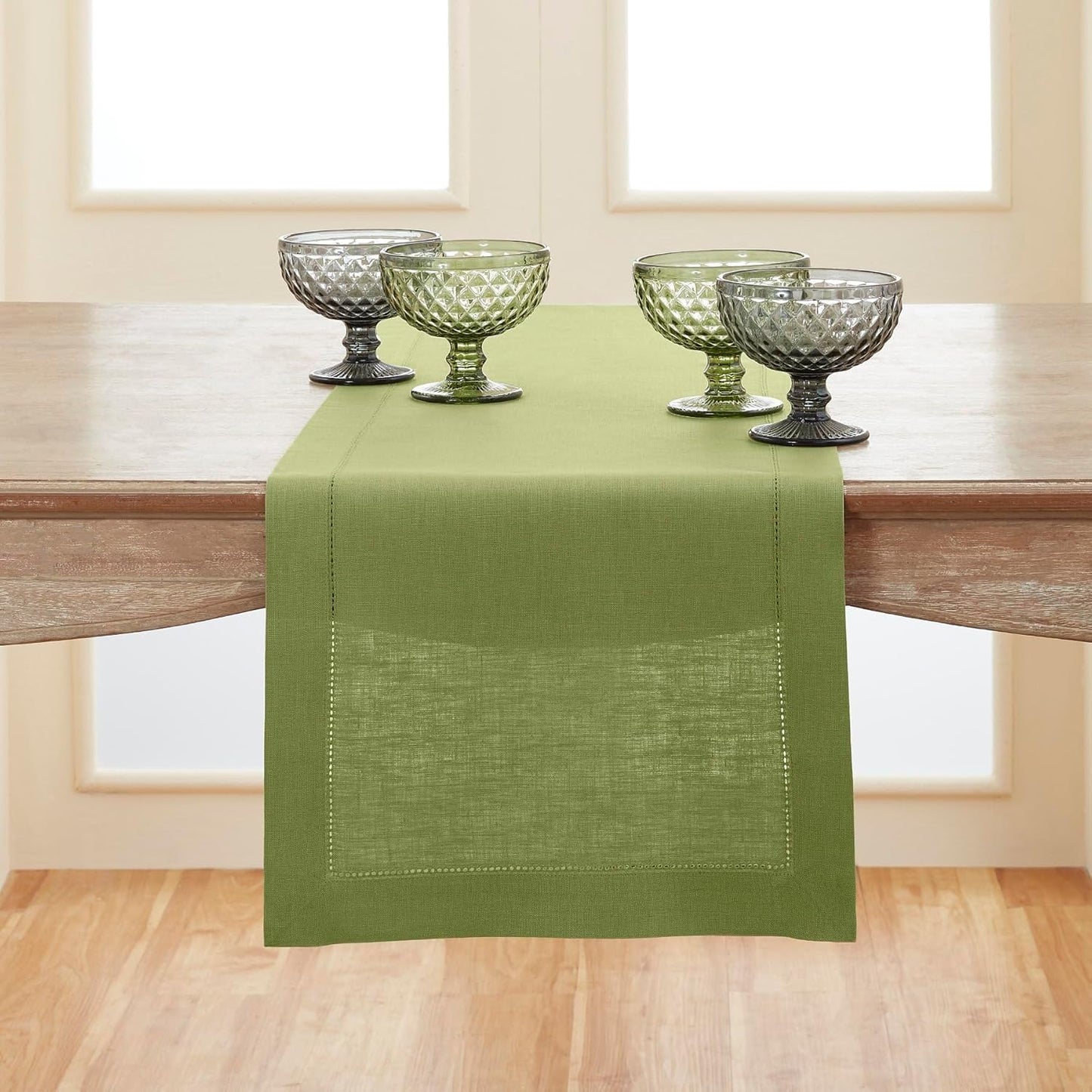 Solino Home Linen Moss Green Table Runner 132 Inches Long - 100% Pure Linen Extra Long Table Runner 14 x 132 Inch for Fall, Autumn, Thanksgiving - Classic Hemstitch