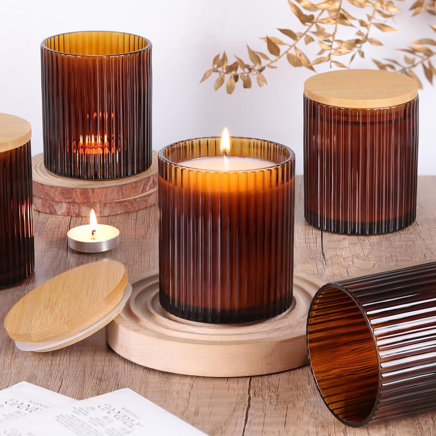 10 OZ Amber Candle Jars for Making Candles Set of 8, Ribbed Glass Candle Jars with Wood Lids and Labels, Candle Containers for DIY, Gifts, Home Decoration