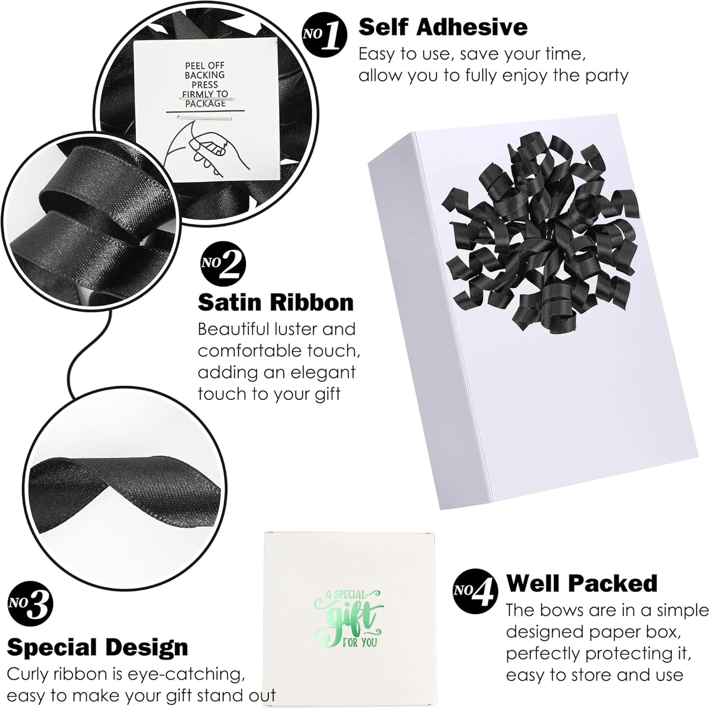 5 Inch Black Bows Curly Ribbon Bows for Gift Wrapping, Satin Bows with Double-Sided Tape, Self Adhesive Bows for Party, Wedding, Birthday Decor, Premade Bows for Crafts, Wine Glasses-8 PCs