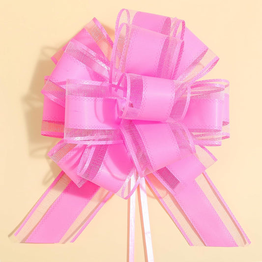 6 Count Pink Organza Satin Pull Bows, 6 inches, Wedding, Bridal Shower, Baby Shower, Modern Style, Flower Shaped, Easy to Use, Gift Wrapping Decorations