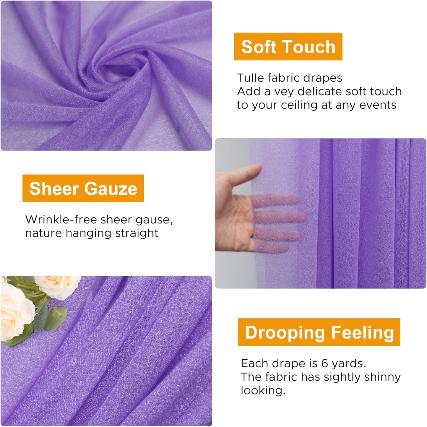 Wedding Arch Draping Fabric 4 Panels 28.7" x 20FT Lavender Purple Sheer Chiffon Backdrop Drapes for Wedding Ceremony Birthday Party Bridal Shower Outdoor Decoration