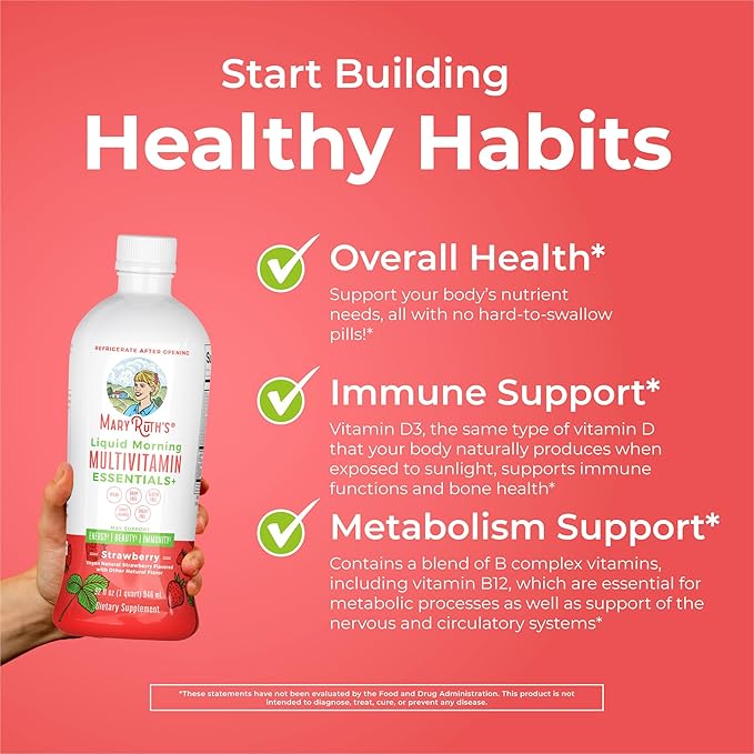 MaryRuth Organics Liquid Morning Multivitamin Essentials+ | Vitamin A C D E B6 B12 Biotin Zinc | Men's & Women's | Immune Support | Beauty | Sugar Free | Vitamins for Ages 1+ | Vegan | 32 Fl Oz