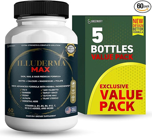 Illuderma Max Hair, Skin and Nail Supplement, 60 Capsules, with Biotin 5000mcg, Vitamins and Herbal Blend (5)