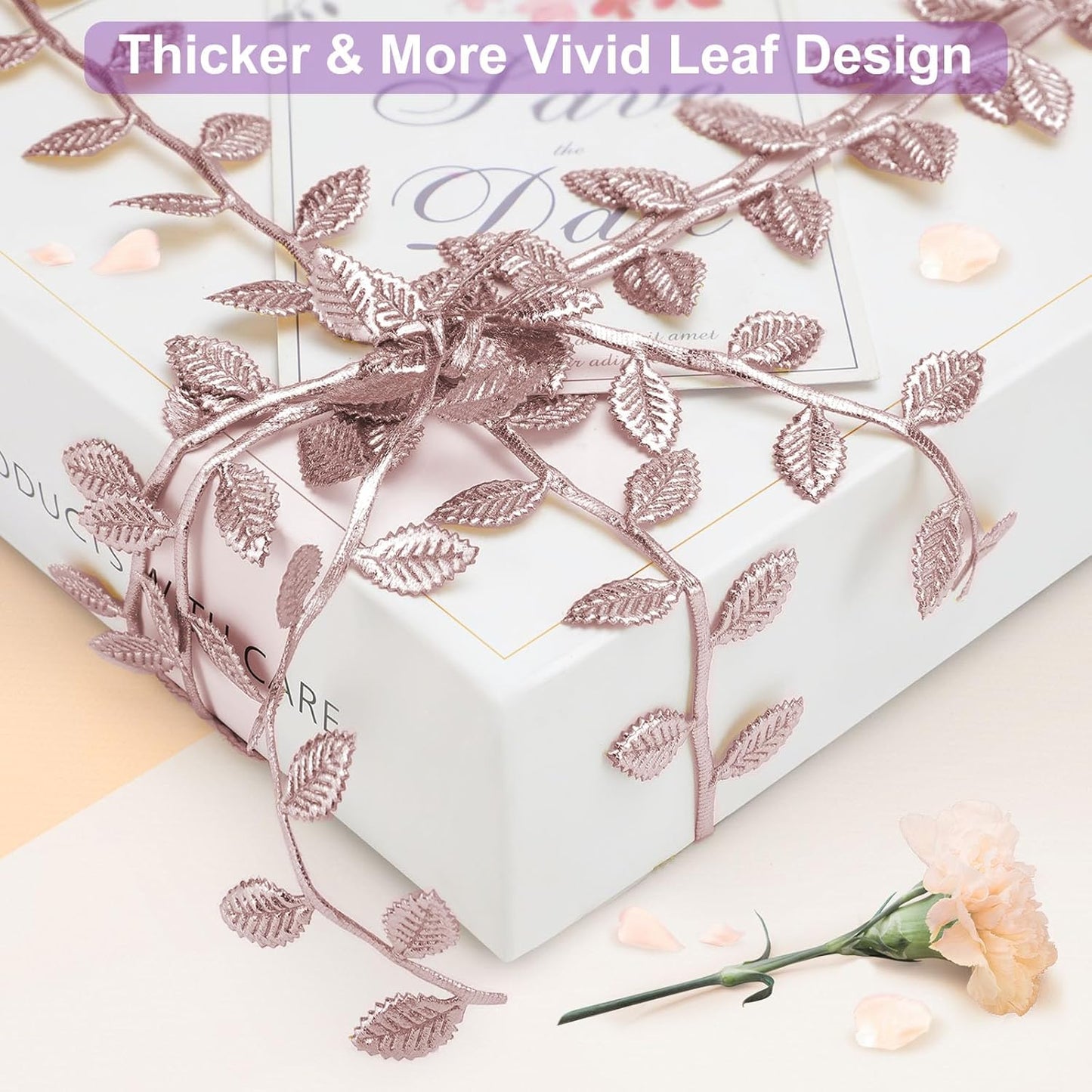 Naidiler Rose Gold Leaf Ribbon, Artificial Vines Leaves String Trim Ribbon Wild Jungle Botanical Greenery for Baby Shower Party Wedding Home Wreaths & DIY Craft (Rose Gold 120Ft)