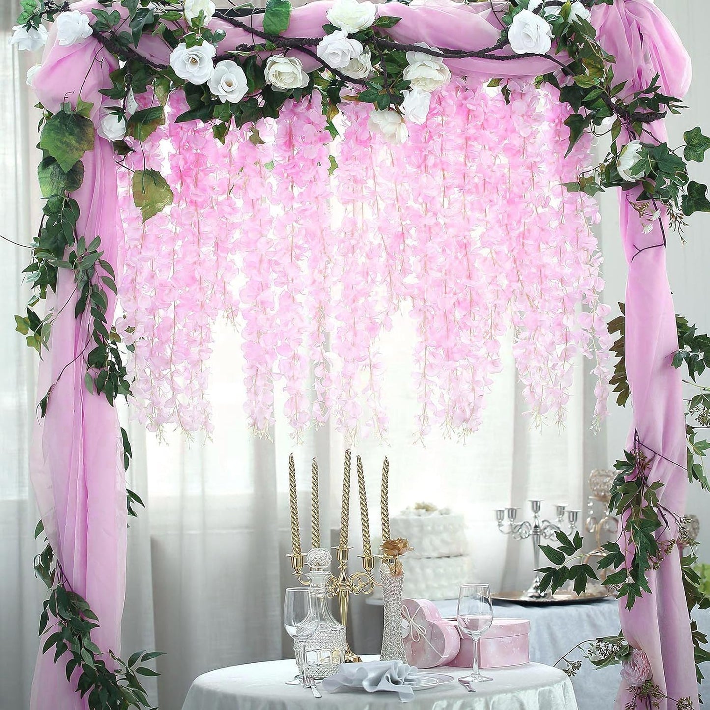 12 Pack Pink Wisteria Hanging Flowers Garland, 3.77 Feet Artificial Flower Vines, Fake Wisteria, Artificial Vines Hanging Garland for Backdrop Outdoor Yard Garden Decor