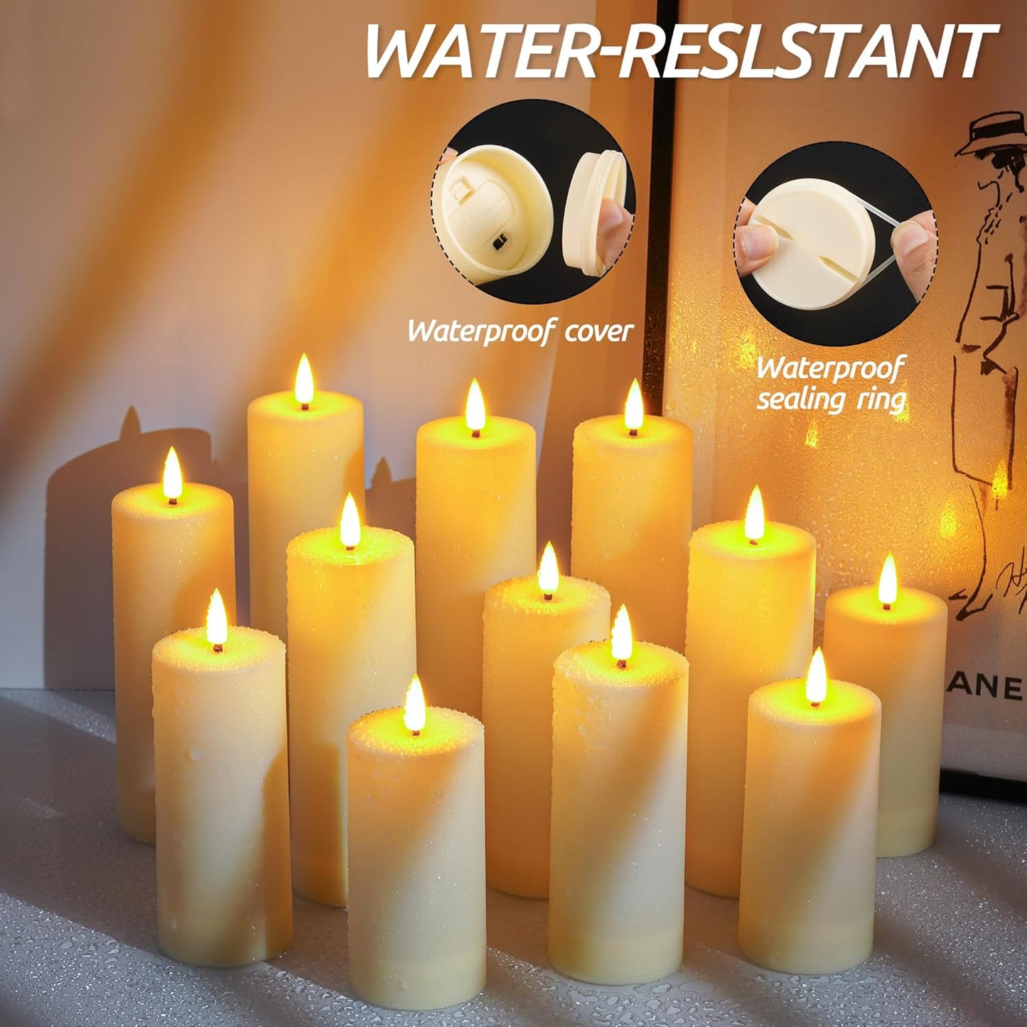 Da by 12 Pack Outdoor Waterproof LED Flameless Candles with Remote Control Timer, Realistic Flickering LED Pillar Candles for Wedding, Festival, Outdoor & Home Decoration-D 3'' H 4'' 5'' 6''7''