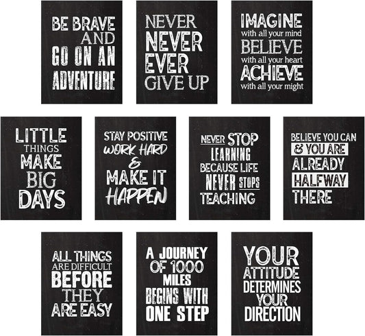 10 Pieces Inspirational Wall Poster Positive Quote Posters Wall Decor Affirmation Art Posters with 80 Glue Point Dots for Classroom Living Room Office Walls Decorations (Black White, 11 x 14 Inch)