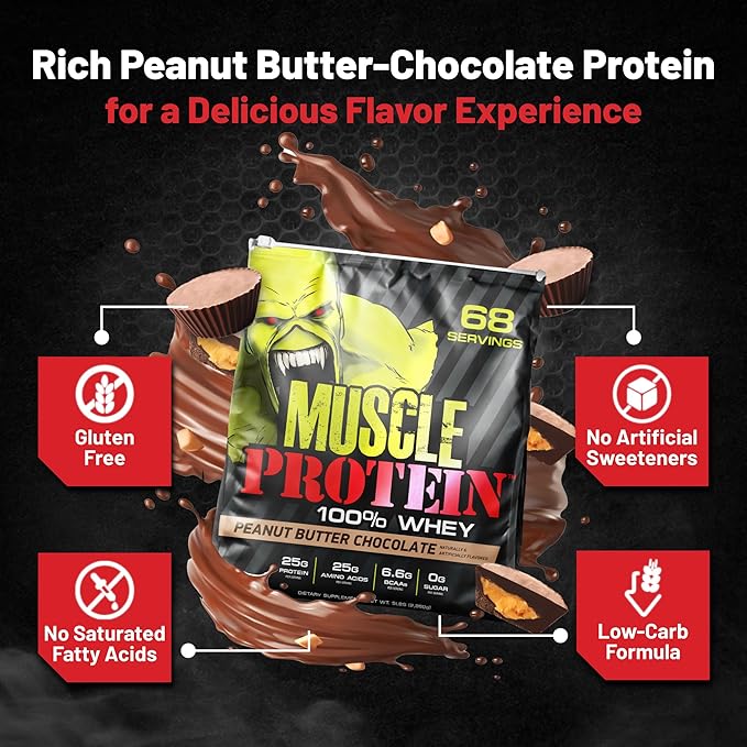 Muscle Protein Whey Powder [5 lbs/Pack of 1]– Cold Filtered, 25g Pure Protein, 6.6g BCAAs (Packaging May Vary) (5 Pound (Pack of 1), Peanut Butter Chocolate)