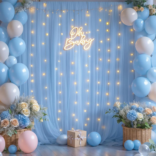 10x10ft Baby Blue Tulle Backdrop Curtains with Lights for Party Wedding Baby Shower, Sheer Wrinkle Free Backdrop Curtains for Birthday Party Photo Booth Background Decoration
