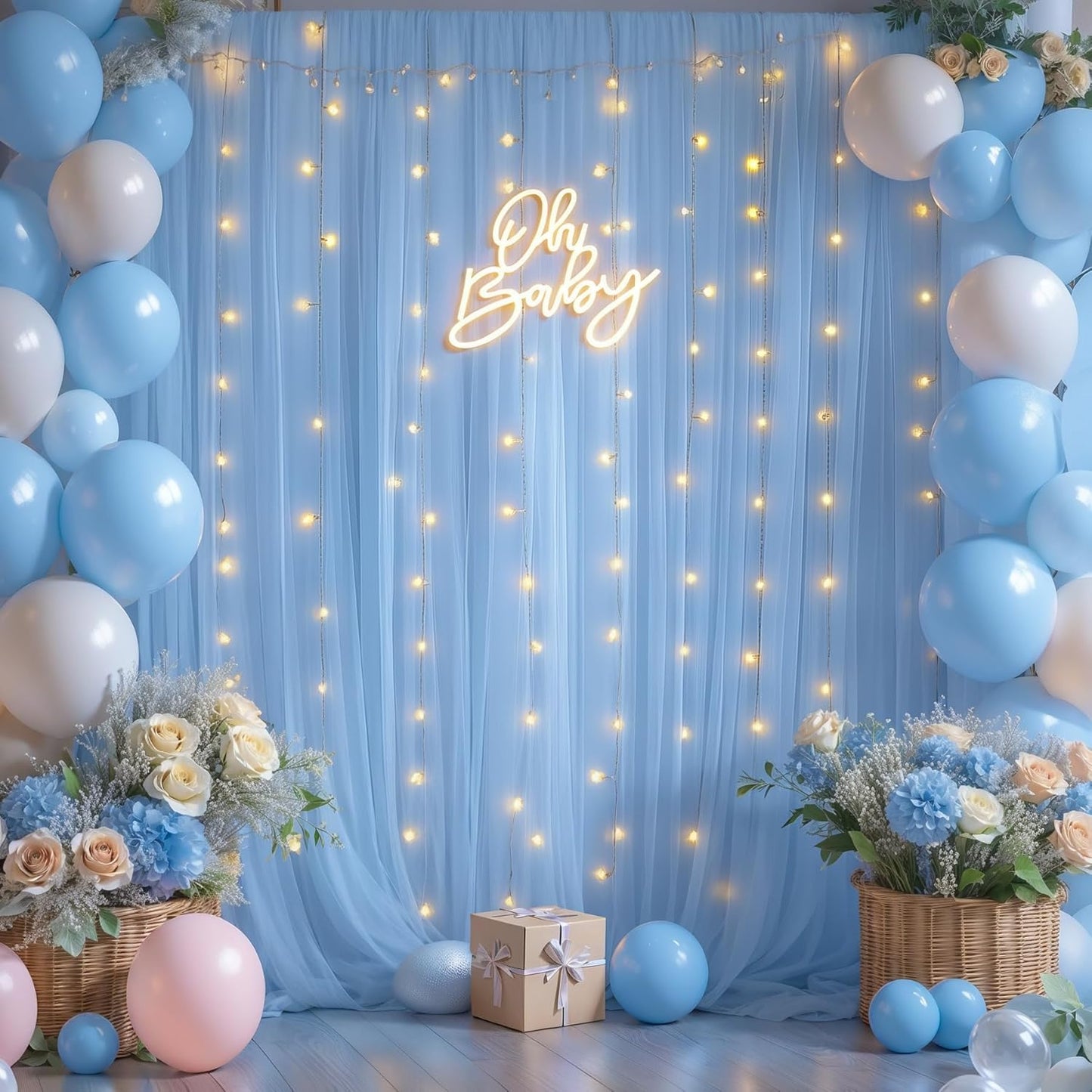 20x10ft Baby Blue Tulle Backdrop Curtains with Lights for Party Wedding Baby Shower, Sheer Wrinkle Free Backdrop Curtains for Birthday Party Photo Booth Background Decoration