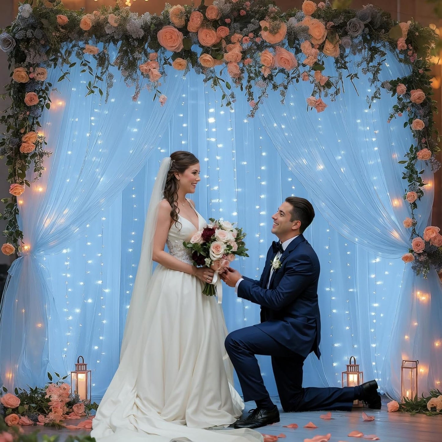 20x8ft Baby Blue Tulle Backdrop Curtains with Lights for Party Wedding Baby Shower, Sheer Drape Backdrop Curtains for Birthday Party Photo Booth Background Decoration