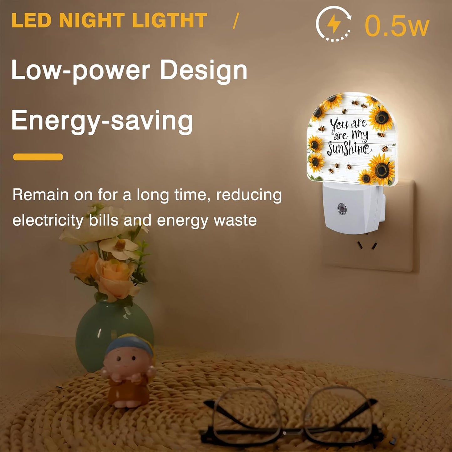 Night Lights Plug into Wall Bees and Sunflowers Night Light Dusk to Dawn Smart Sensor Decorative Round Led Lamp for Bedroom Kitchen Hallway Nightlight for Women Men
