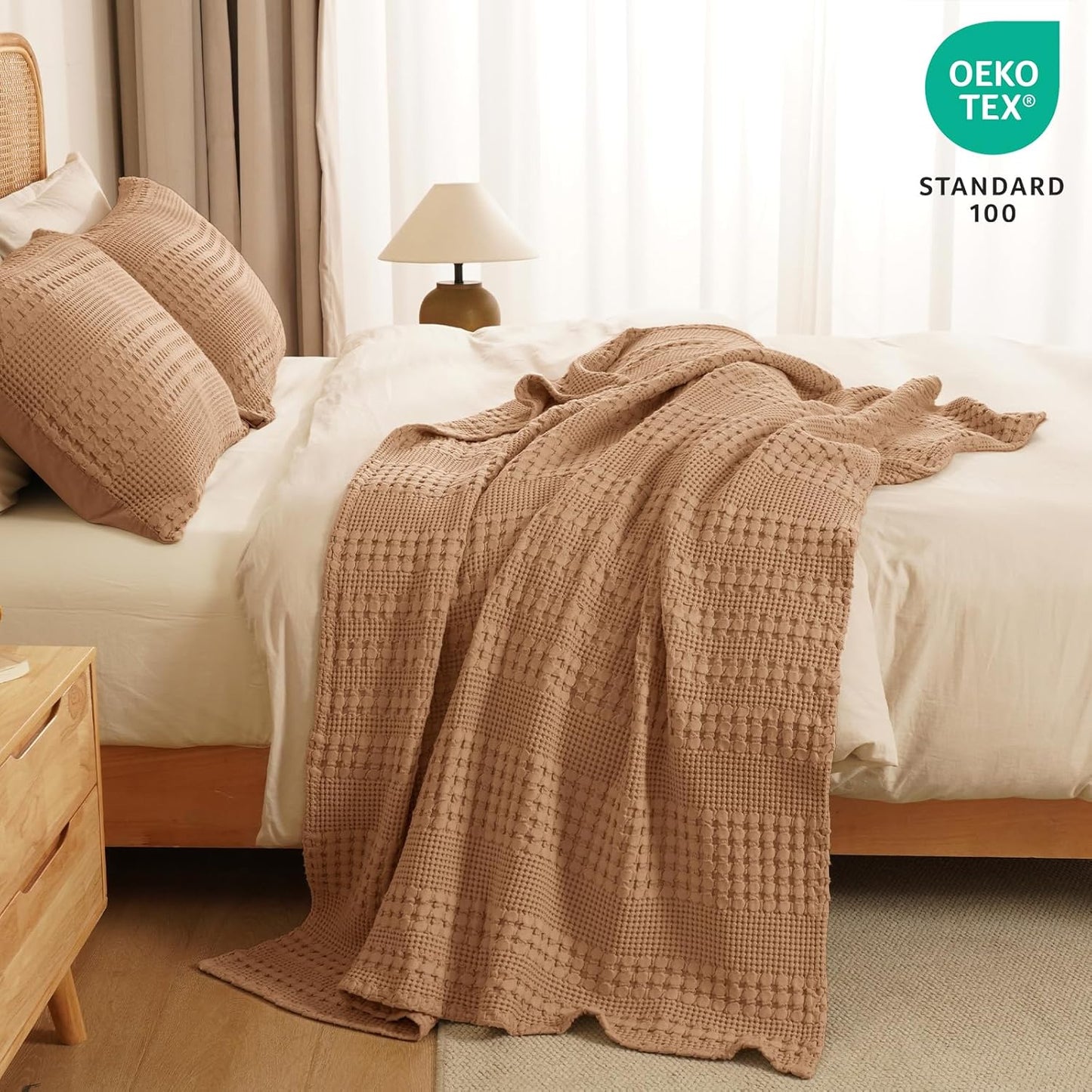 PHF 100% Cotton Waffle Weave Throw Blanket, Soft Lightweight Breathable Cozy Throws for Couch Bed Sofa, Luxury Aesthetic Woven Blanket for Home Decor & Office, 50"x60", Camel