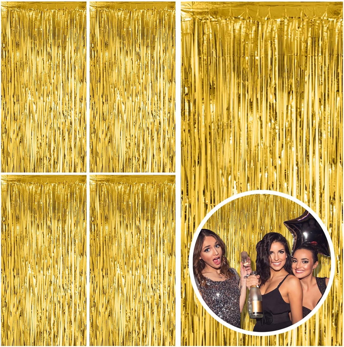 5 Pack Gold Fringe Curtain Backdrop Tinsel Streamers Birthday Party Decorations Christmas Photo Booth Backdrop Halloween New Year Graduation Baby Shower Theme Party Decorations