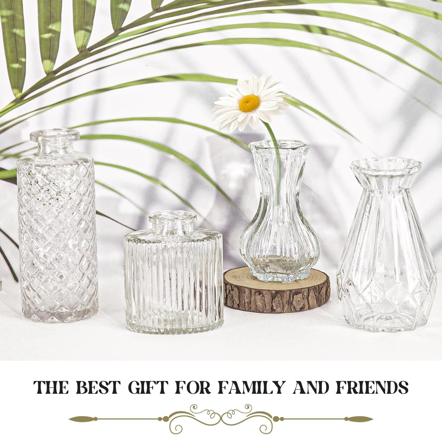 Set of 4 Glass Bud Vase Set, Small Vintage Clear Flower Vase Centerpieces for Table Bulk Cute Rustic Style Mini Vase for Home Decor Wedding Baby Shower Birthday Party
