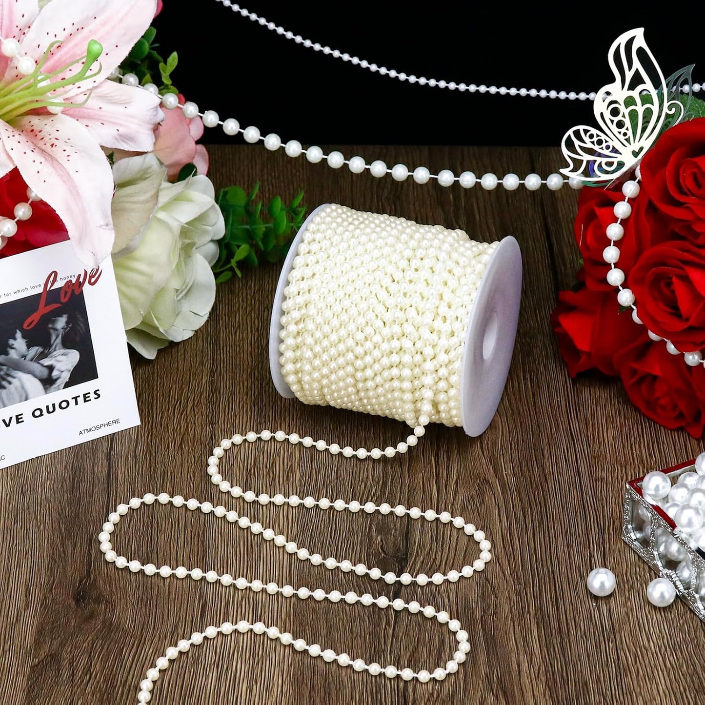 99 Feet 5mm Faux Pearl Strings Garland Artificial Pearl Beaded Trim Chain Strands for Crafting Wedding Centerpieces Bouquet Party Decoration Christmas Tree Garland, Ivory