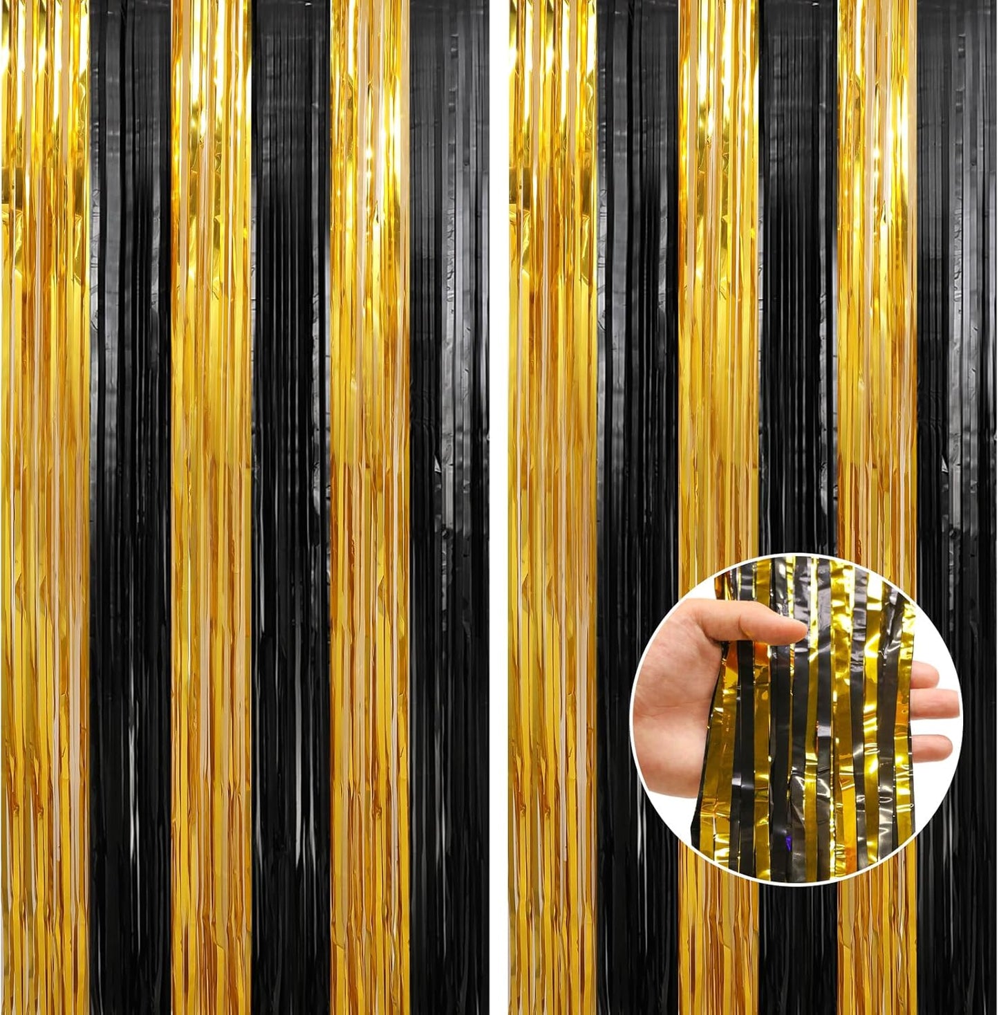 Crosize 2 Pack 3.3 x 9.9 ft Gold and Black Foil Fringe Curtains Party Decorations, Gold Tinsel Curtain Backdrop for Parties, Door Streamers, Glitter Streamer Fringe Backdrop for Birthday Decoration