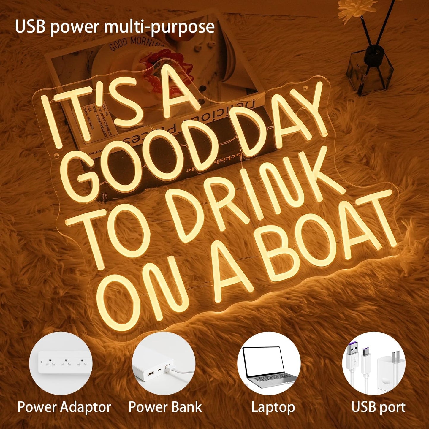 It's A Good Day To Drink On A Boat Neon Sign, Boat Drink Neon light, Bar Art Wall Warm White LED Light Up Sign for Home Bar Club Party Restaurant