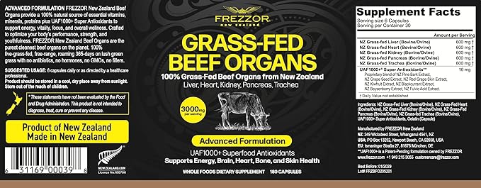 FREZZOR New Zealand 100% Live-Grass-Fed Beef Organs Complex, Supports Whole Body Wellness and Energy with Proprietary Blend of Liver, Heart, Kidney, Pancreas & Trachea, Non-GMO, 3000mg, 180 Capsules