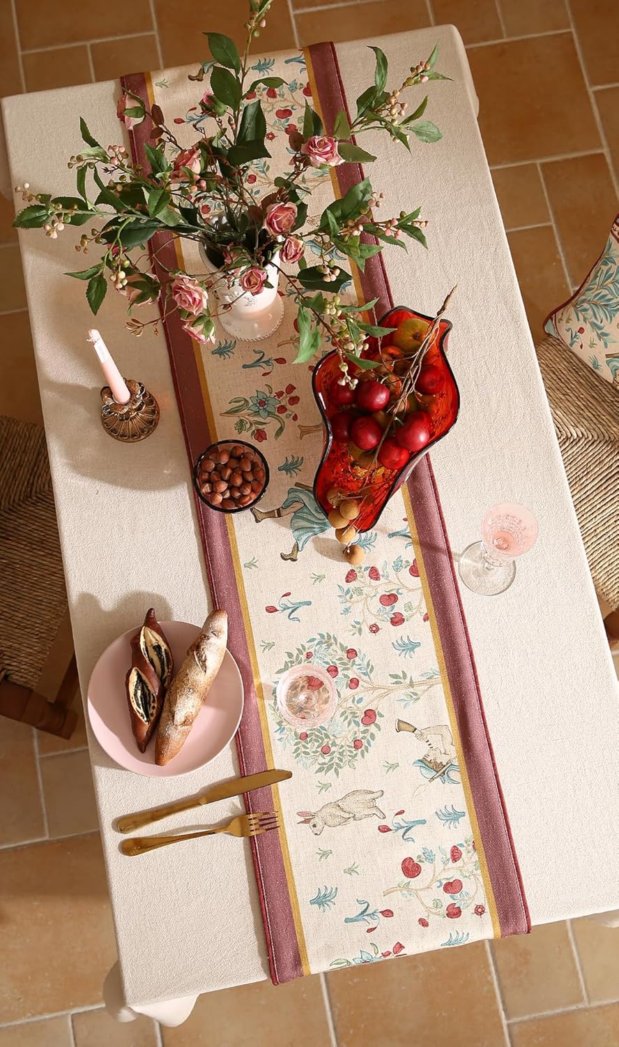 patdrea Designer Idyll Linen Table Runner, Vintage Beige Farmhouse with Ancient Spring Figure and Fruit Trees Pattern Table Mat, Decoration for Kitchen Dining Banquet Christmas ,12"*87"