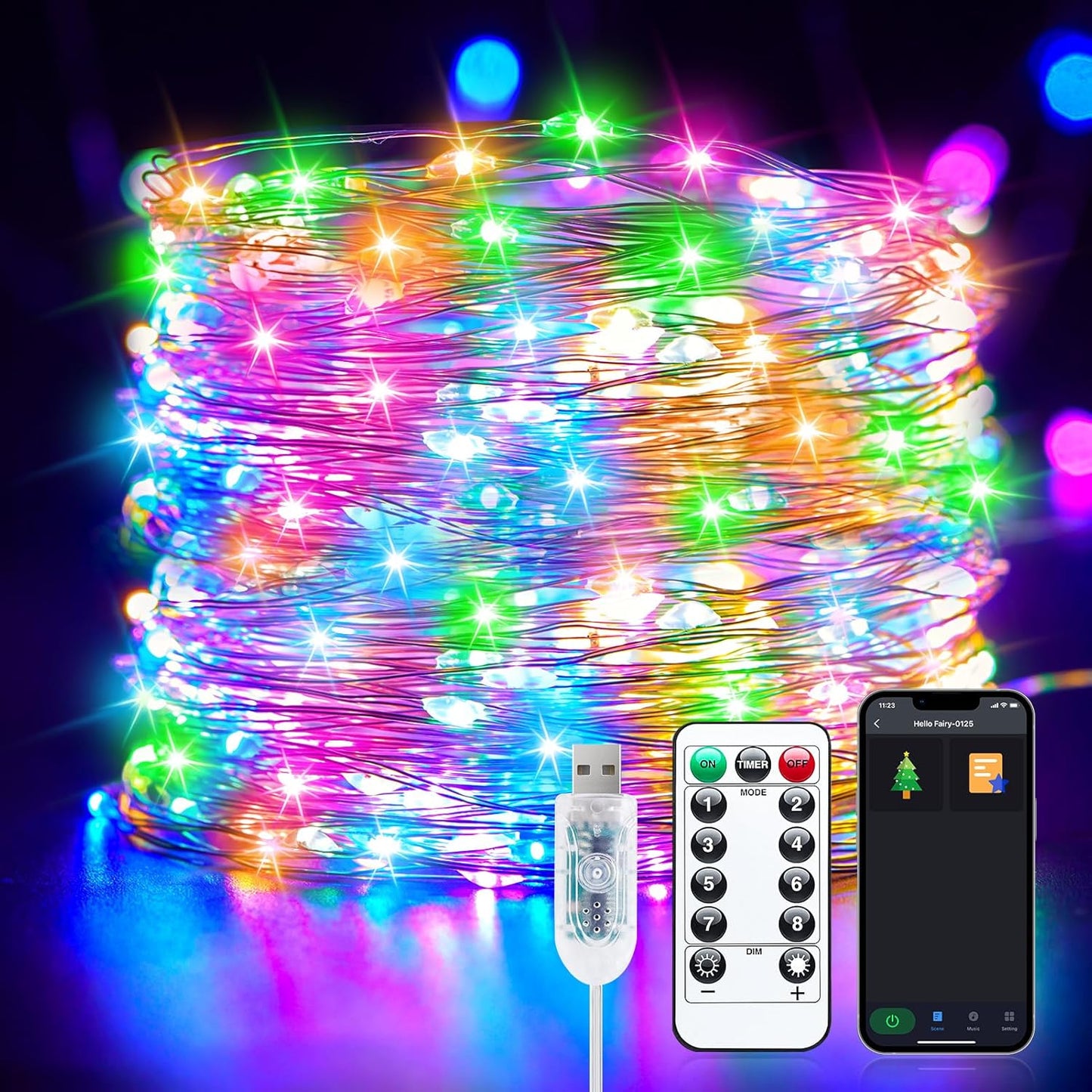 Smart Fairy Lights Plug in, 2 Pack 33FT 100LEDs USB Bluetooth Twinkle Lights with Timer and Remote, App Control Starry String Lights 8 Modes for Wedding Party Indoor Christmas Decoration, Multicolor