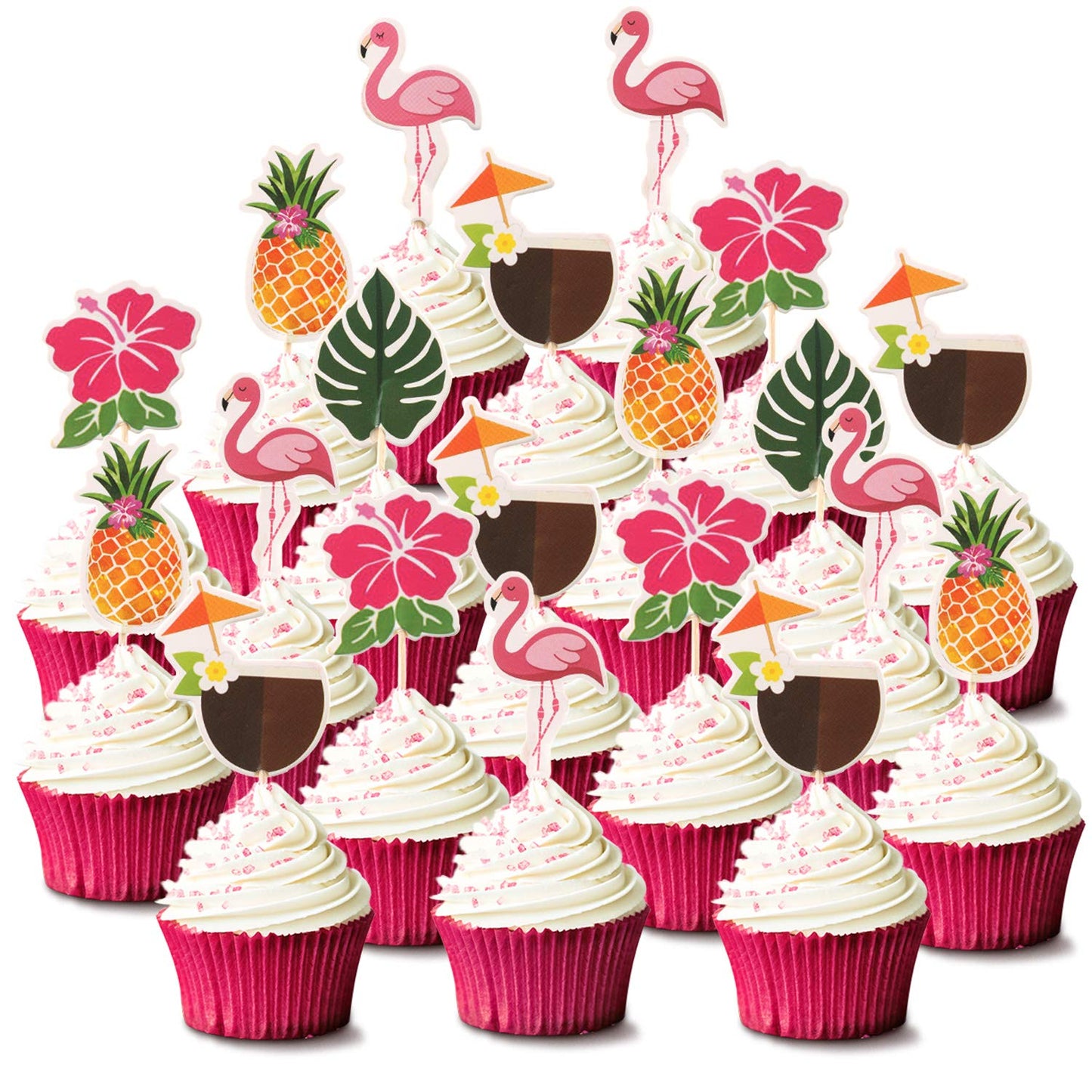 Luau Cupcake Toppers Tropical Cake Decorations Hawaiian Toothpicks Sticks with Flamingo Pineapple Palm Leaves Shape Picks for Summer Beach Theme Party Favors Supplies, 6 Styles (72)