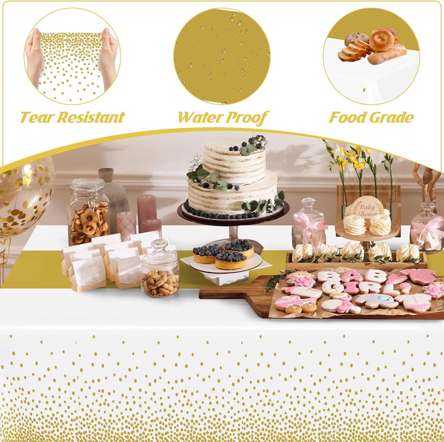 4Pack Disposable Plastic Table Cloths for Parties, 54" x 108" White and Gold Rectangle Table Covers, Waterproof Tablecloth for Rectangle Tables Suitable for New Years Eve Thanksgiving Wedding Supplies