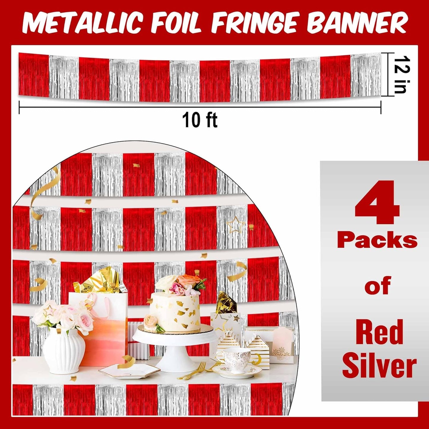 4 Pack 10 Ft Red and Silver Foil Fringe Garland Metallic Streamers Tinsel Banner Wall Hanging Garland Backdrop for Parade Floats, Halloween, Christmas, Thanksgiving, New Year Party Decorations