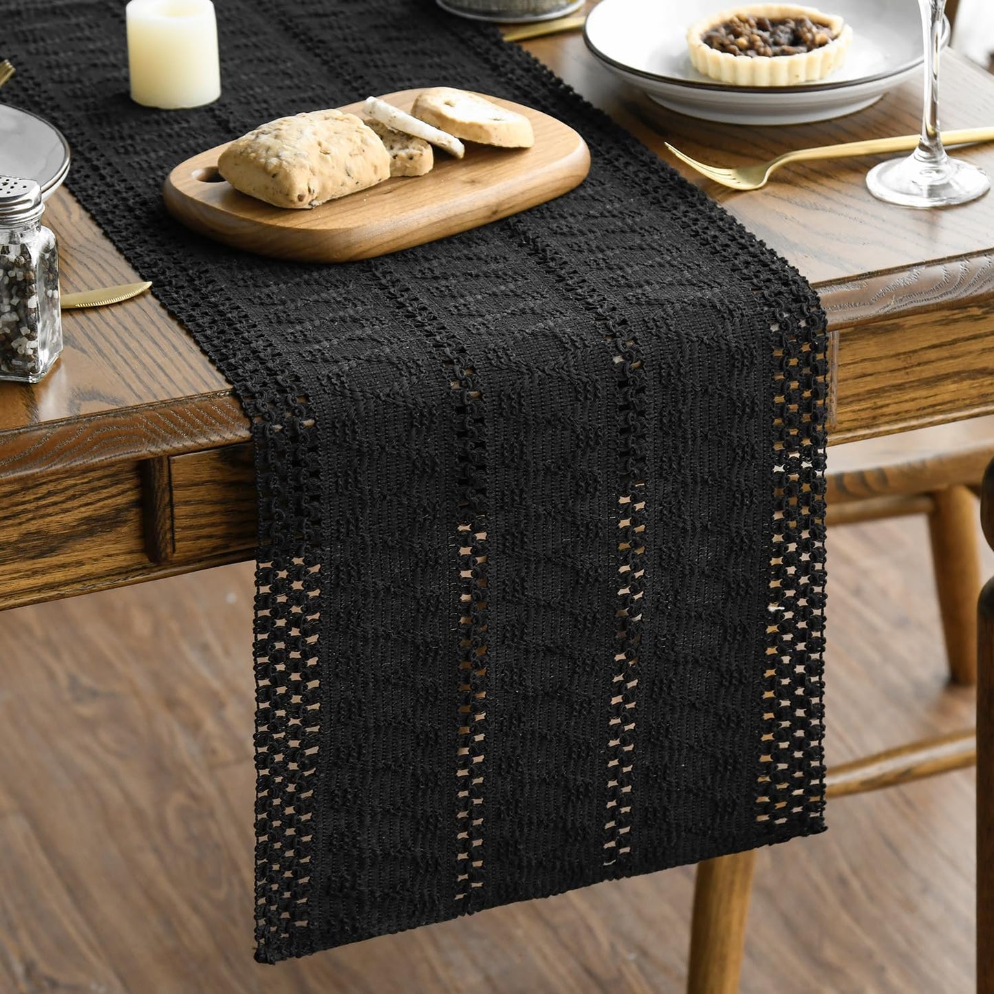 Artoid Mode Black Farmhouse Woven Rustic Hollow Table Runner, Seasonal Holiday Hollow Kitchen Dining Table Decoration for Home Party Decor 12x108 Inch