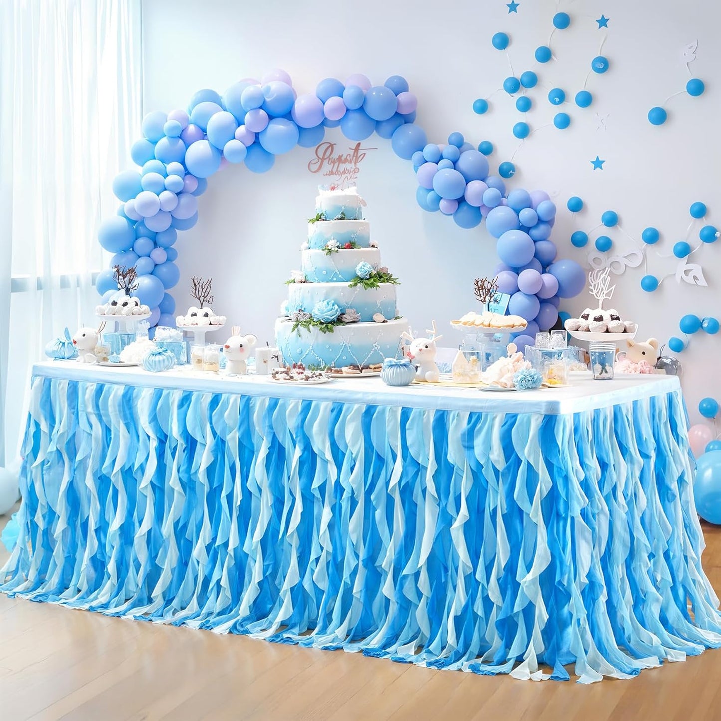 Partisky Ocean Blue Tulle Tutu Ruffle Curly Willow Table Skirt for Rectangle Table 14ft,Under The Sea Baby Shark Themed Table Cloth for Boys Girls Birthday Party or Baby Shower