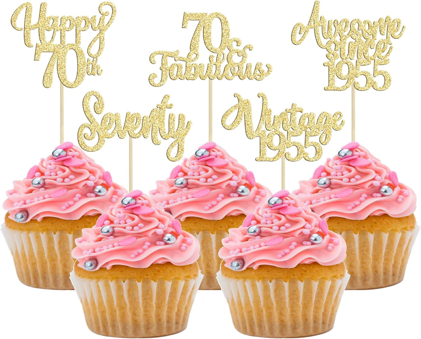 30Pcs Vintage 1955 Cupcake Toppers Glitter Seventy Happy 70th Birthday 70 Fabulous Cupcake Picks Cheers to 70 Years for 70th Birthday Wedding Anniversary Party Cake Decorations Supplies Gold