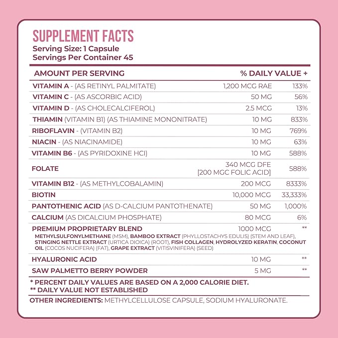 Vitamo Hair Growth Vitamins for Women | Hyaluronic Acid & 50,000 mcg B-Complex (B1, B2, B3, B6, B7) | Biotin and Collagen | Keratin – Advanced Supplement for Hair, Skin & Nails | 90 Capsules