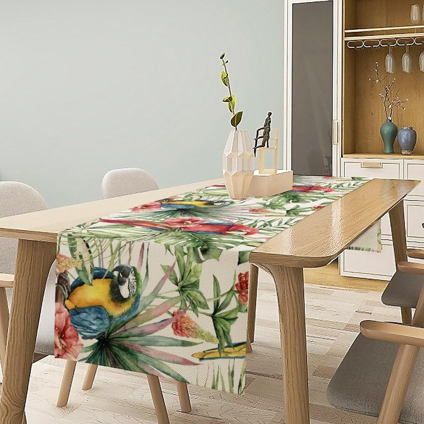 Parrot Table Runner,Tropical Palm Leaf Colorful Macaw Bird Watercolor Print Tablecloth Burlap for Hotel Indoors Outdoor Dining Room Kitchen Home Decor,W13X L90 in