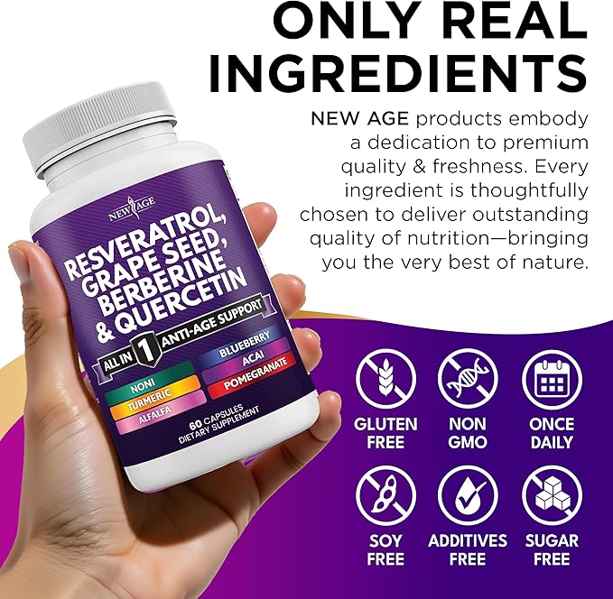 NEW AGE Resveratrol, Berberine, Grape Seed Extract, Quercetin, Polyphenol Supplement for Women and Men with Noni Extract, N-Acetyl Cysteine, Acai Extract - 120 Capsules