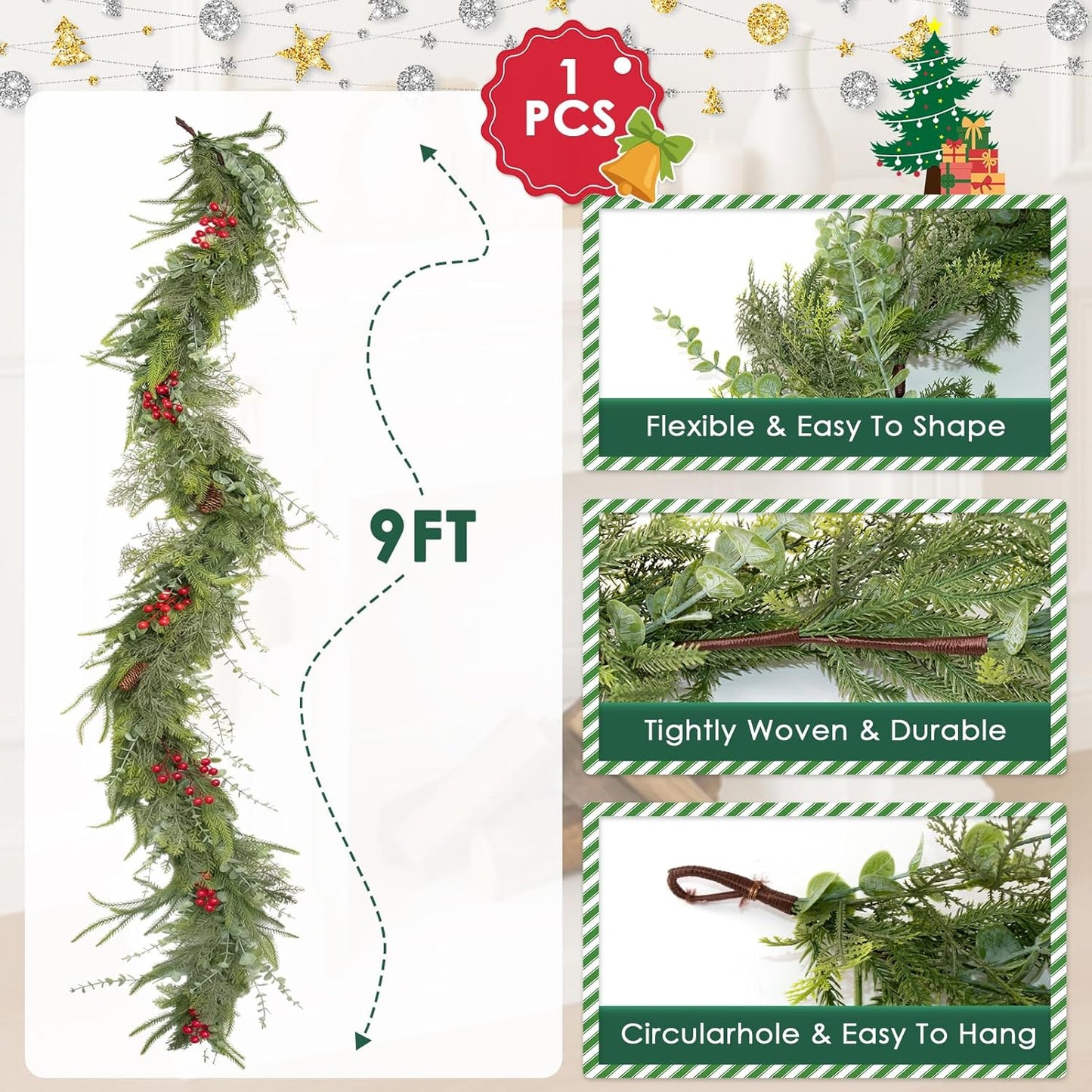 9FT Christmas Garland Norfolk Pine Tree Artificial Cedar Eucalyptus Greenery, Realistic Pine Garland for Mantel Fireplace Stair Rail Doorway Table Centerpiece, Indoor Outdoor Winter Decor
