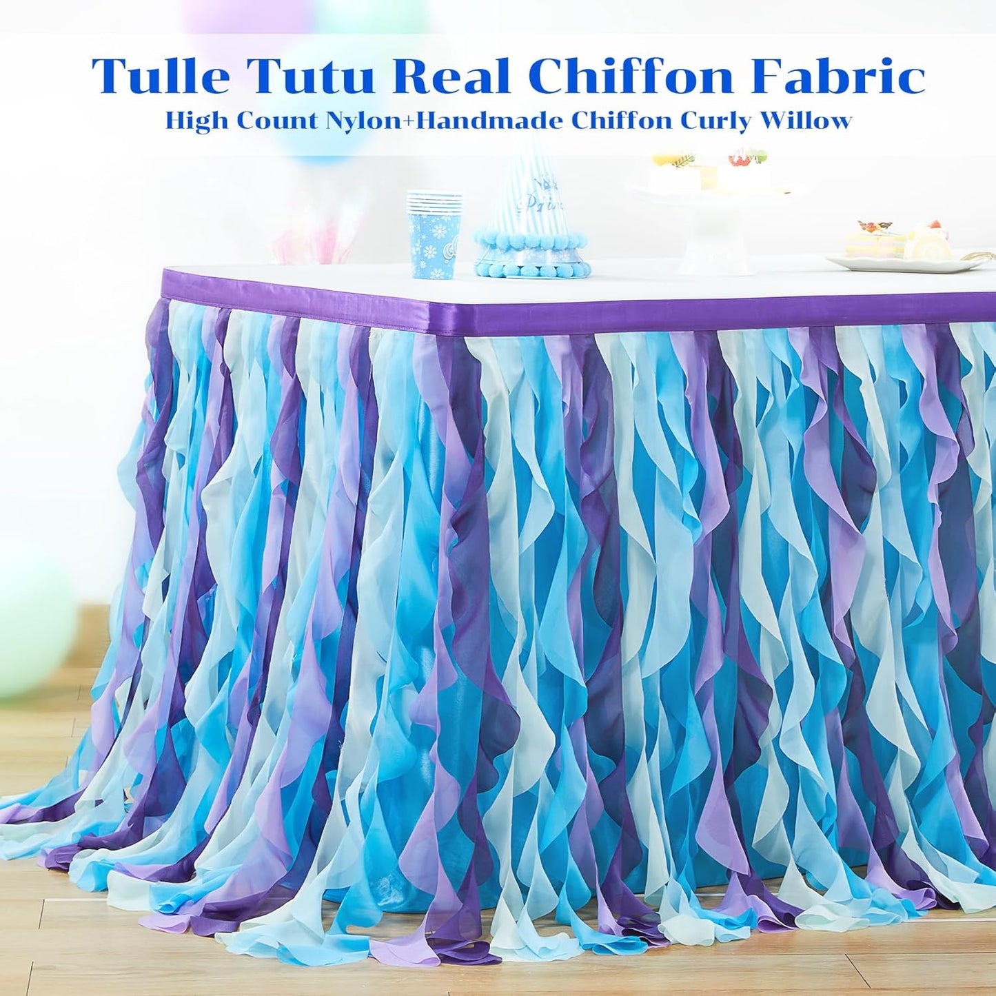 Partisky Mermaid Tulle Tutu Ruffle Curly Willow Table Skirt for Rectangle Table 14ft, Mermaid Themed Party Table Cloth for Girls Birthday Party or Baby Shower