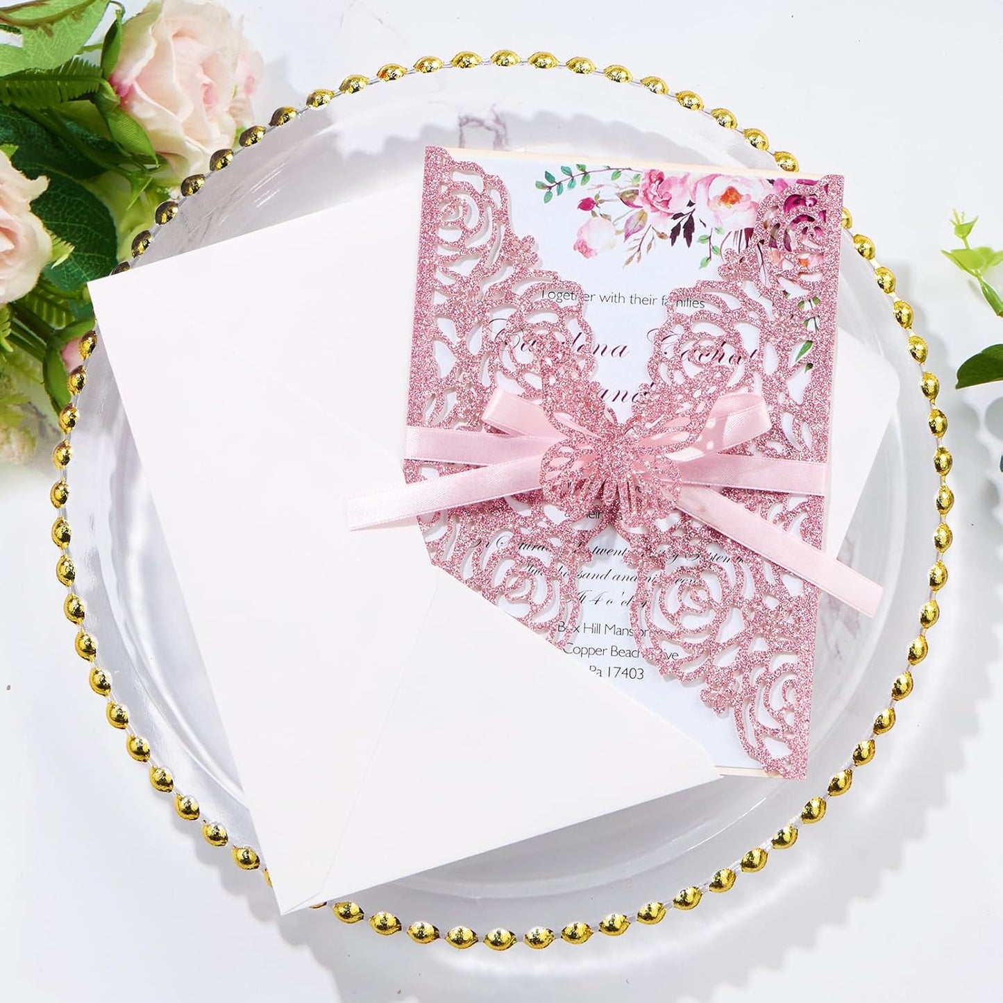 50PCS Pink Wedding Invitations Butterfly Laser Cut Invitation with Envelopes and Rsvp Card Personalized Inner Sheets for Wedding Bridal Baby Shower QuinceañEra Engagement Birthday