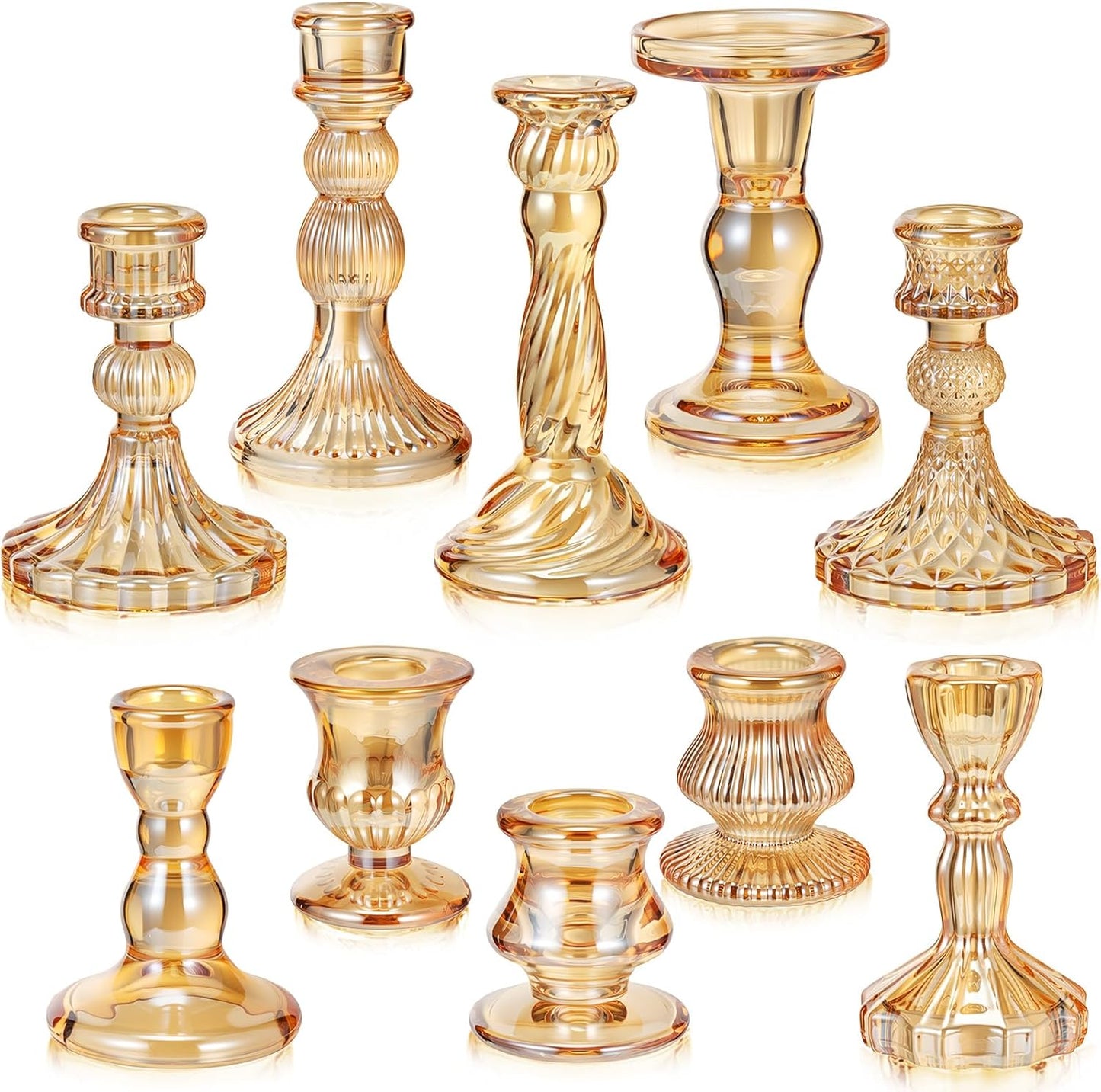 Mumufy 10 Pcs Glass Crystal Taper Candle Holders Clear Glass Candlestick Holder Fit 0.8 Inch Candles Crystal Decorative Candle Stand Centerpiece Table Wedding Dining Party (Classic,Gold)