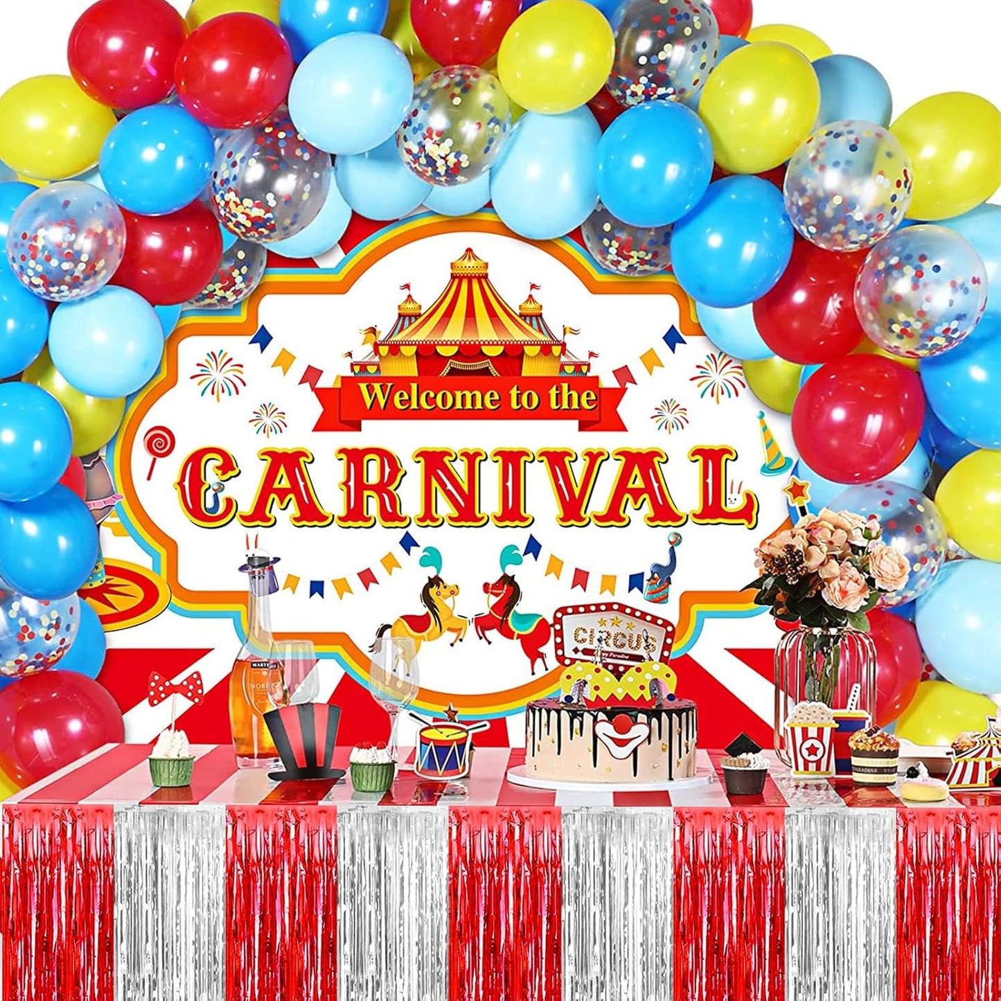 4 Pack 29x108 Inch Metallic Foil Fringe Tinsel Table Skirts for Rectangle Tables Streamer Backdrop for Wedding, Birthday, Parade Floats, Christmas, Halloween Party Decoration(Red Silver)