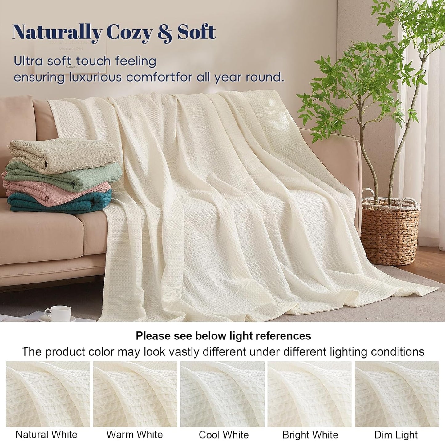 PHF Lightweight Waffle Weave Blanket King Size, Breathable & Ultra Soft, 104"x 90" Soft & Cozy Thin Blanket for All Season & Hot Sleepers, Bed, Home Decor - Coconut White
