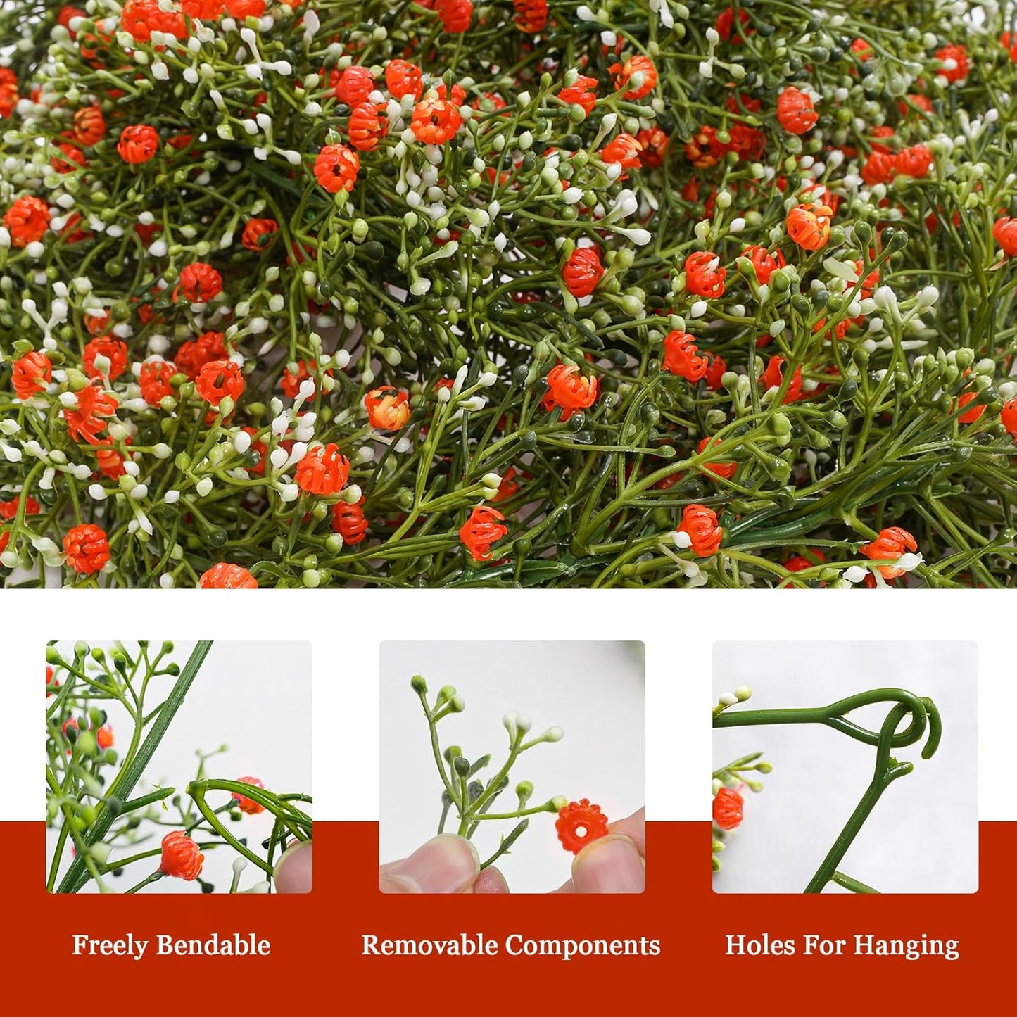 2 Pcs 5.8ft Artificial Baby Breath Flower Vines, Babys Breath Artificial Flowers Real Touch Faux Gypsophila Hanging Fake Baby's Breath Garlands for Wedding and Baby Shower Decor(Red-Orange