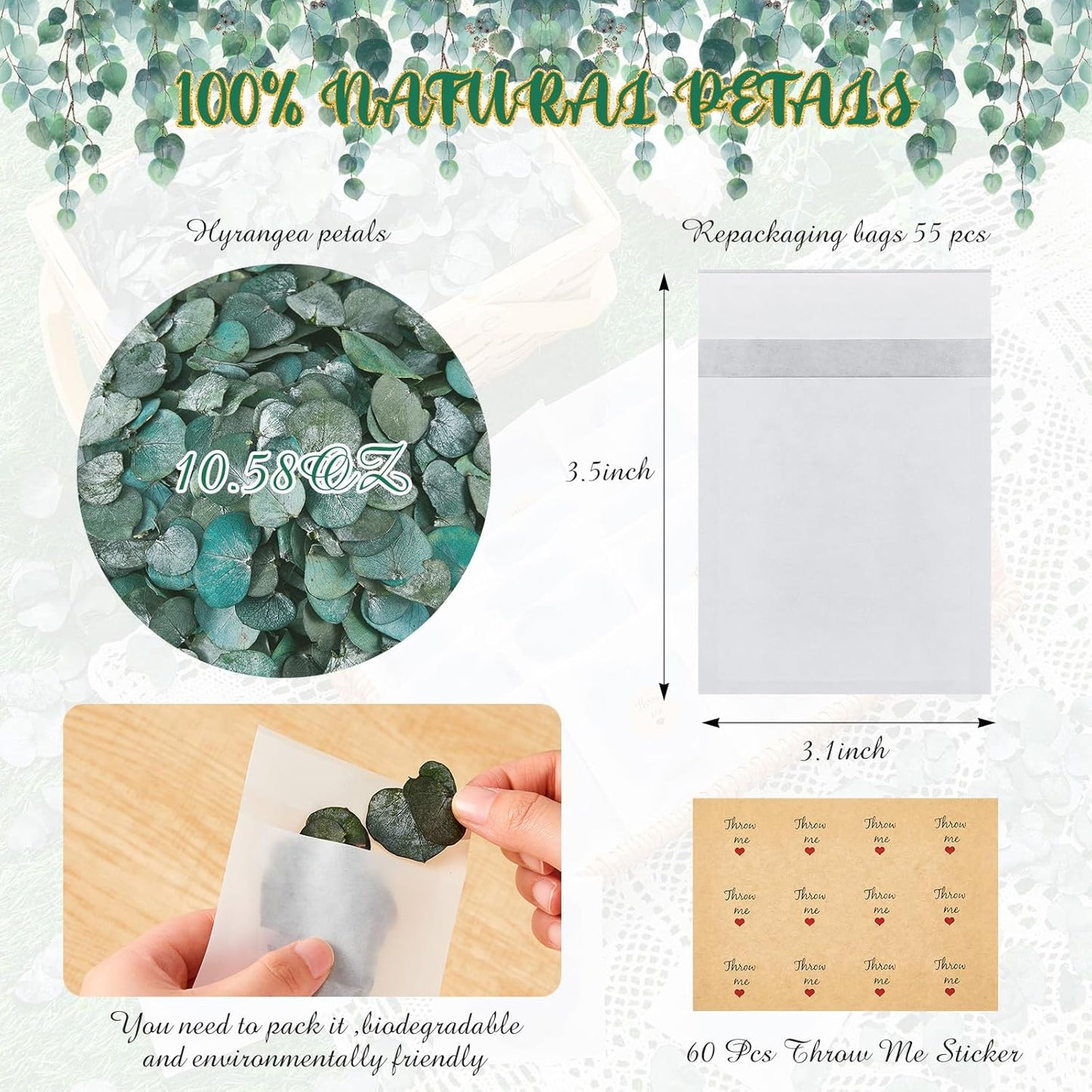 Biodegradable Confetti 10.58 Oz eucalyptus leaves Dried Flower Petals with Throw Me Stickers Confetti Biodegradable Flower Petals for Valentines Decor(Eucalyptus Leaves,Multi Color,55 Pcs)