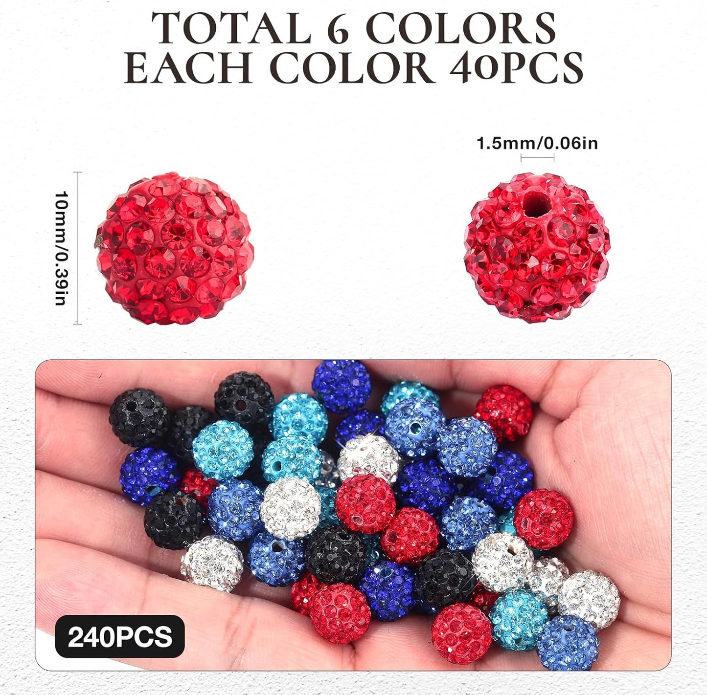 240pcs 10mm Rhinestone Beads for Crafting, Sparkle Clay Beads Crystal Disco Ball for DIY Jewelry Making Bracelet Necklace Earring and Independence Day Decorations Clay Rhinestone Red and Blue Series