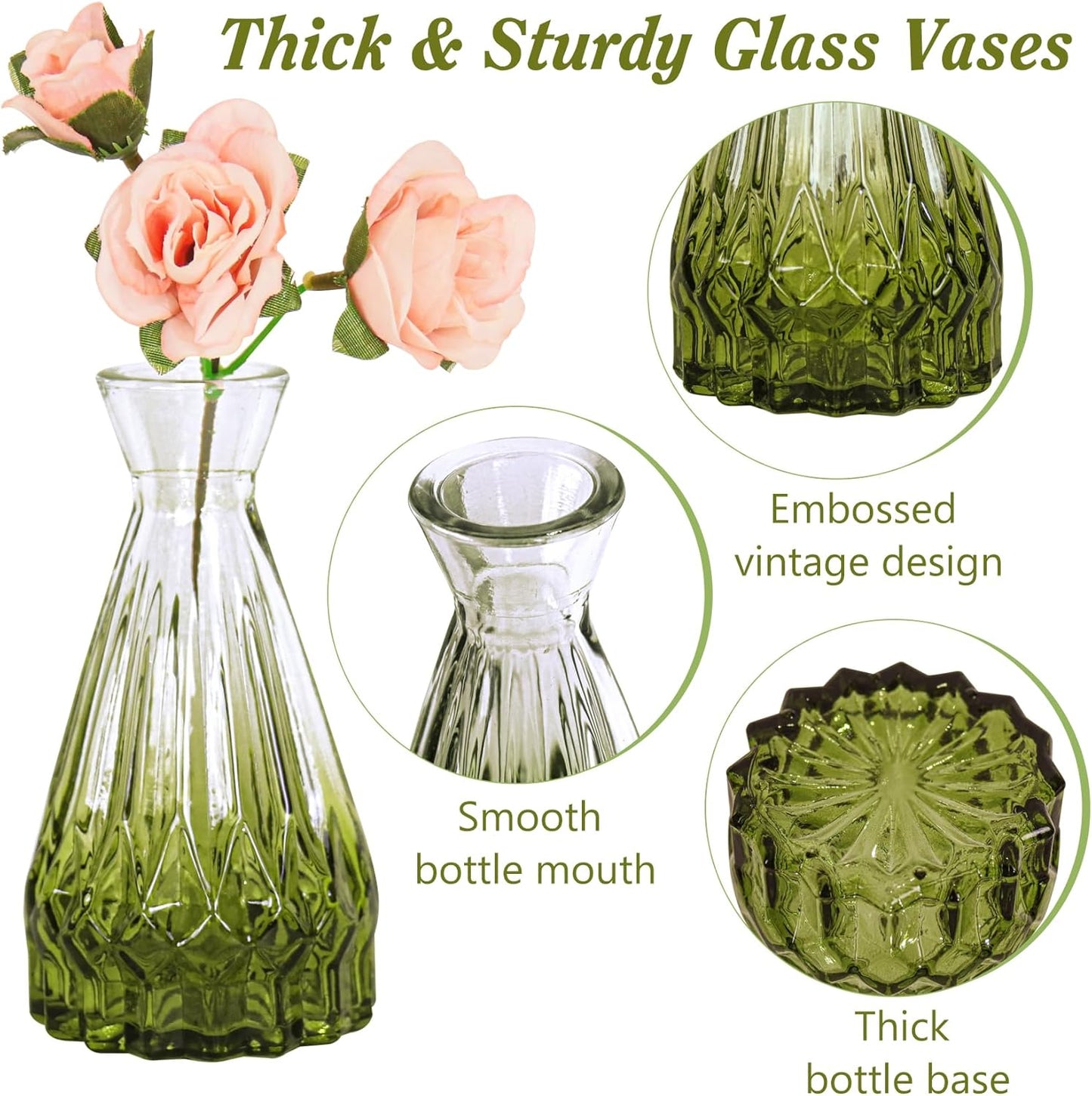 Set of 40 Glass Bud Vases, Small Green Glass Vases in Bulk, Mini Vintage Embossed Flower Vase for Wedding, Centerpieces, Birthday Party, Baby Shower, Home Table Decorations (Green)