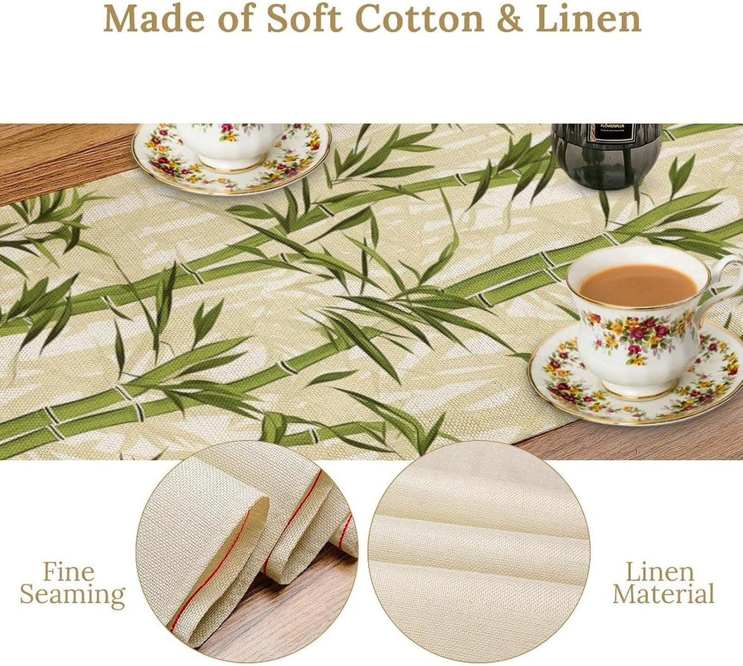 Bamboo Table Runner,Green Plant Leaf Pattern Table Cloth Kitchen Dining Table Home Party Decoration 13x36 Inch