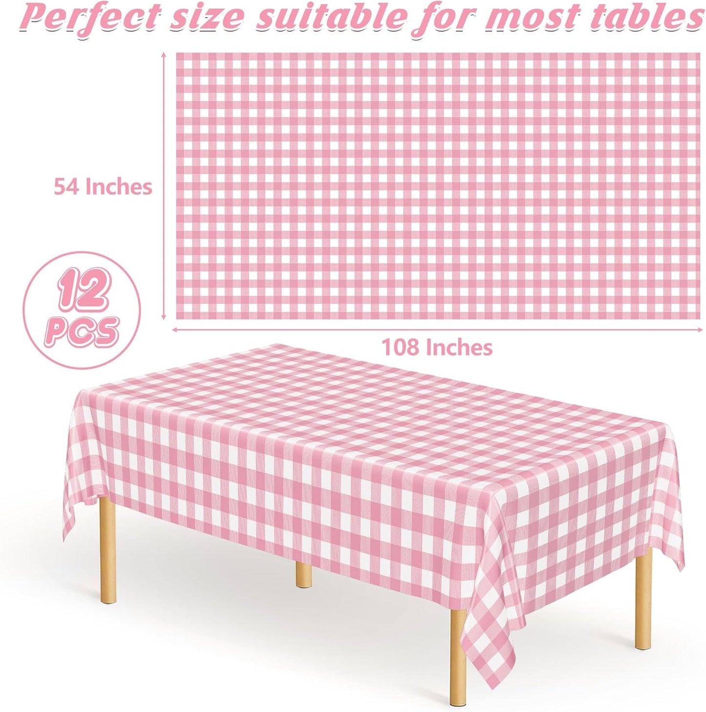 12Pack Table Cloth Rectangle Table, 54" x 108" Plastic Table Cloth Disposable, Waterproof Pink and White Checkered Table Cover for Outdoor Picnic Birthday Party Supplies Gathering BBQ Holiday Dinner