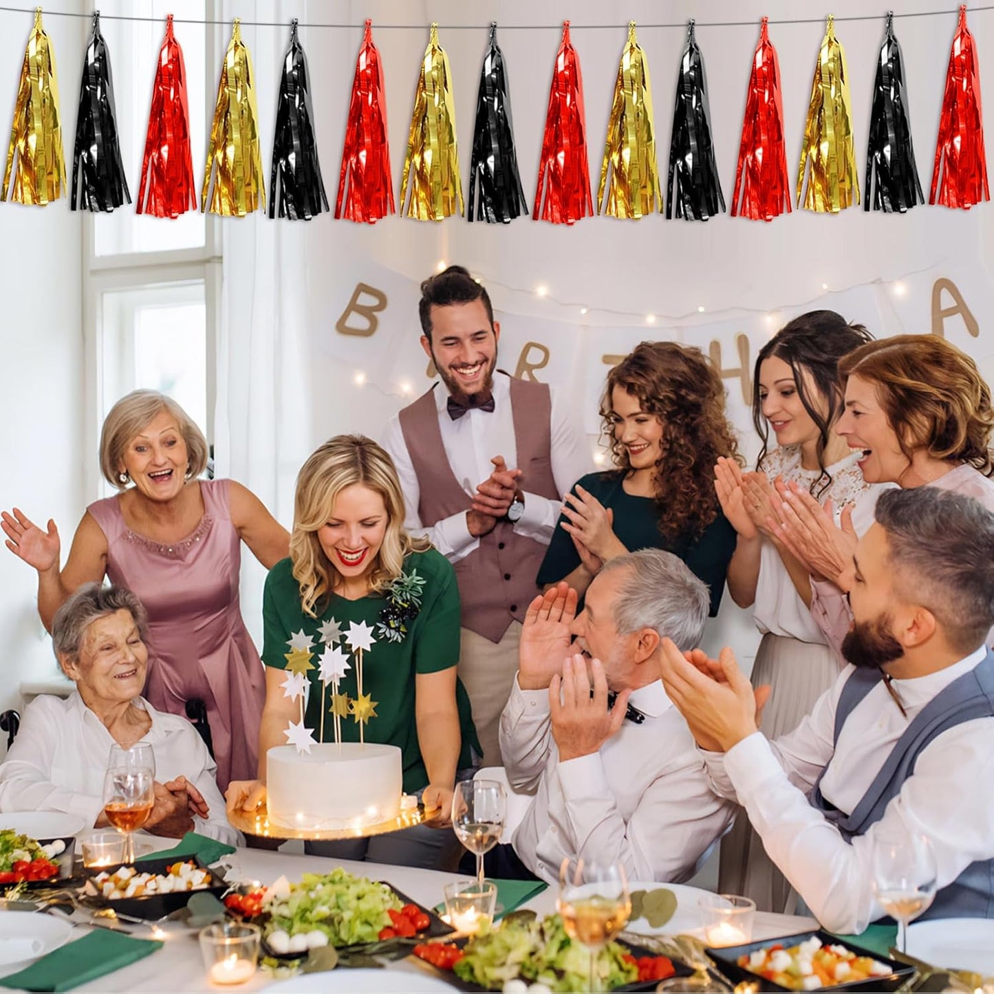 4P Black-Red Gold Foil Fringe Metallic Tassel Garland, Tassels Banner Streamers for Parade Floats, Bachelorette, Wedding, Birthday, Halloween, Christmas, Bridal/Baby Shower Party Decorations