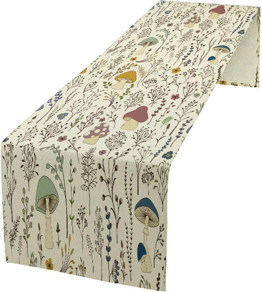 Mushroom Table Runner,Colorful Wild Plants and Fungus Botanical Plants Pattern Print Burlap for Hotel Indoors Outdoor Dining Room Kitchen Holiday Party, 13x108in