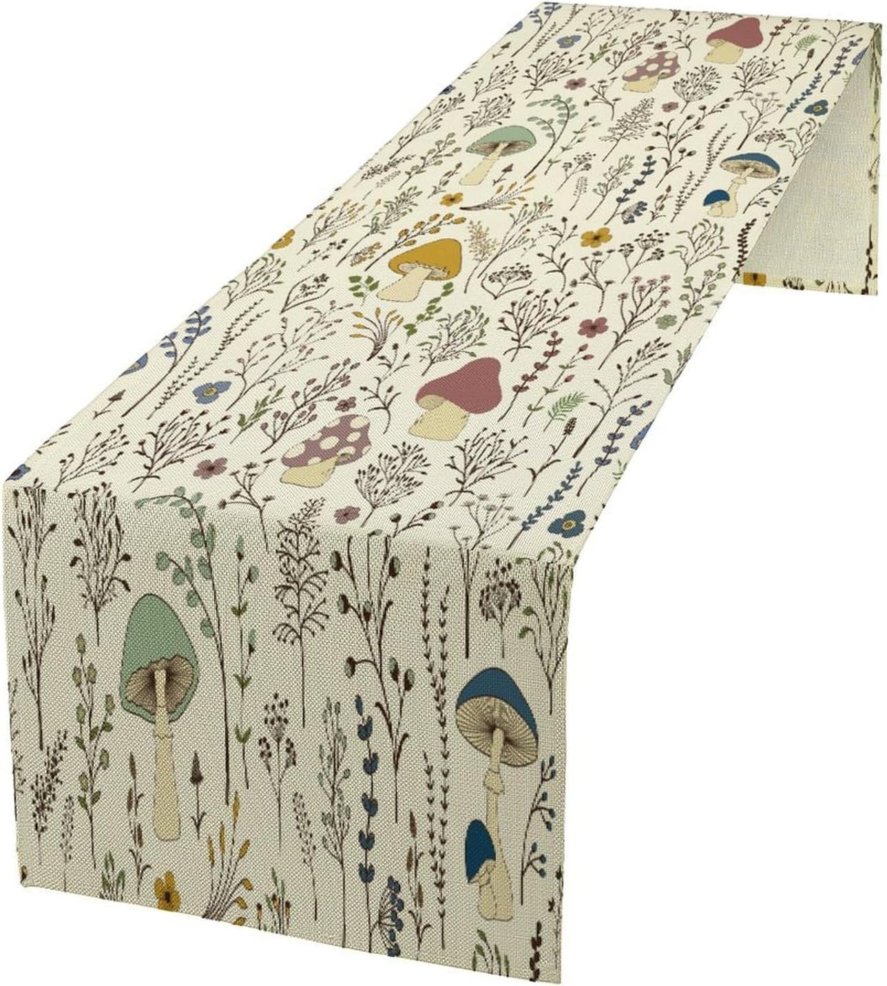 Mushroom Table Runner,Colorful Wild Plants and Fungus Botanical Plants Pattern Print Burlap for Hotel Indoors Outdoor Dining Room Kitchen Holiday Party, 13x36in